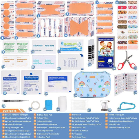 Rainlos compact first aid kit for home, car and travel in a light-blue zip pouch with assorted bandages and medical supplies.