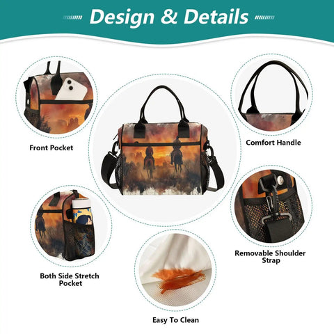 Desert Cowboy Insulated Lunch Bag For Women With Adjustable Shoulder Strap showing design details, pockets, and comfort handle.
