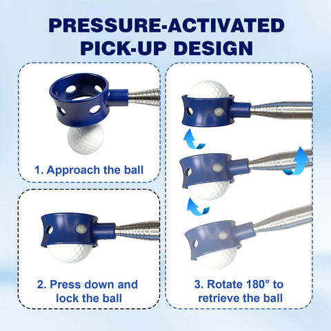 Telescopic Golf Ball Retriever 9, 12, 15 And 20 Ft Grabber Tool with dual-sided pick up and stainless steel shaft in use