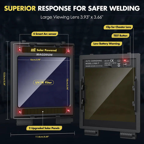 Auto Darkening Welding Helmet With Large Viewing Area 3.94 x 3.66 Inches, True Color Optical Clarity, UV/IR Filter, 4 Arc Sensors