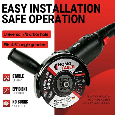 High Performance 10 Pack Of 4.5 Inch Metal Cutting Discs, 3/64 Thick By 7/8 Inch Arbor, Built Tough To Slice Straight Through Steel Iron And Rebar On Your Angle Grinder Without Breaking A Sweat, displayed on an angle grinder.