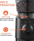 Electric Conical Burr Grinder highlighting safety lock and power button for easy use in black design. Level Up Your Coffee Game With This Electric Conical Burr Grinder Packing 30 Quick Settings From Fine Espresso To Coarse French Press Chill Low Noise Operation Sleek Compact Design For Daily Brews Black.