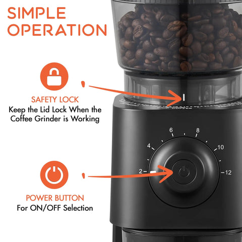 Electric Conical Burr Grinder highlighting safety lock and power button for easy use in black design. Level Up Your Coffee Game With This Electric Conical Burr Grinder Packing 30 Quick Settings From Fine Espresso To Coarse French Press Chill Low Noise Operation Sleek Compact Design For Daily Brews Black.