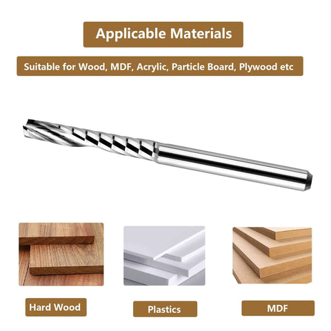 Five Piece O Flute End Mill Set With One Eighth Inch Shank Three Quarter Inch Cutting Length Solid Carbide Spiral Router Bits For CNC Milling Wood Acrylic PVC Pro Grade Smooth Cuts, showing a single bit and materials like wood and plastic.