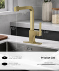 APPASO Gold Kitchen Faucet with Pull Down Kitchen Faucets displayed in kitchen, showcasing 90-degree high arc design and size details.