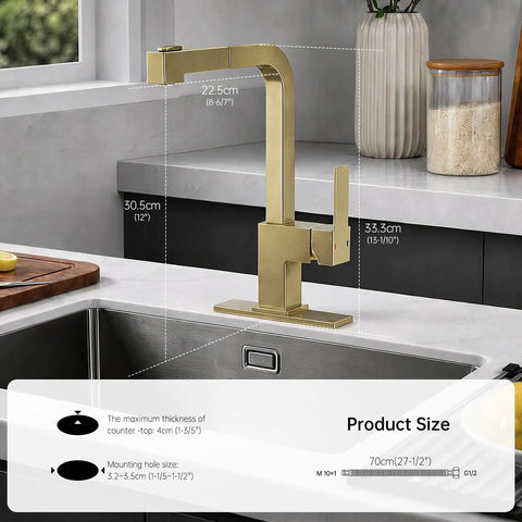 APPASO Gold Kitchen Faucet with Pull Down Kitchen Faucets displayed in kitchen, showcasing 90-degree high arc design and size details.
