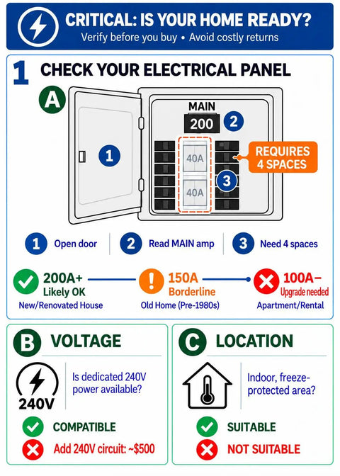 Image showing electrical panel check for 18Kw Electric Tankless Water Heater Delivers Kickin Instant Heat At 240V With 4.9 GPM Flow.