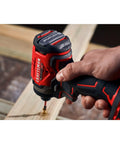 Close-up of V20 Cordless Drill And Impact Driver Combo Kit With Brushless Motors in use on wood, heavy duty power tool visible