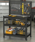 Heavy Duty 1000 Pound Rolling Workbench With Removable Pegboard And Smooth Rolling Tool Cart For Garage Shop Setup Steel Welding Surface Built Tough Shop Ready, featuring tools and supplies organized on shelves.