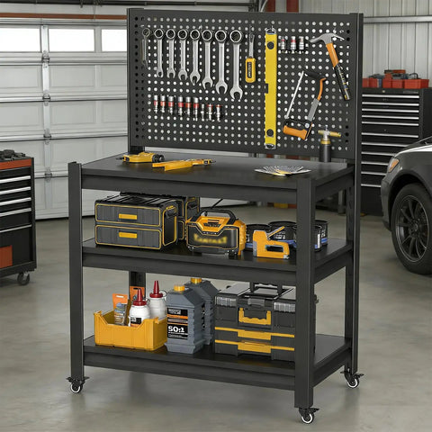 Heavy Duty 1000 Pound Rolling Workbench With Removable Pegboard And Smooth Rolling Tool Cart For Garage Shop Setup Steel Welding Surface Built Tough Shop Ready, featuring tools and supplies organized on shelves.