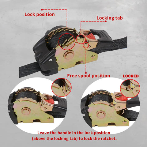 No Sweat Auto Retracting Ratchet Straps 2 Pack 2 In By 9 Ft With 3000 Lbs Break Strength showing lock and free spool features.