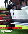 Six Seater Electric Golf Cart With 60V 105Ah Battery and Advanced Suspension front view showing controls and specs.