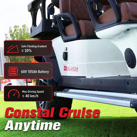 Six Seater Electric Golf Cart With 60V 105Ah Battery and Advanced Suspension front view showing controls and specs.