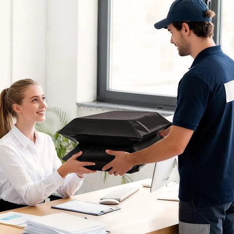 Courier handing over Black 14.5x19 Inch Poly Mailers, 50 Pack, Heavy Duty Self Adhesive Bags With Tear Strip for small business.