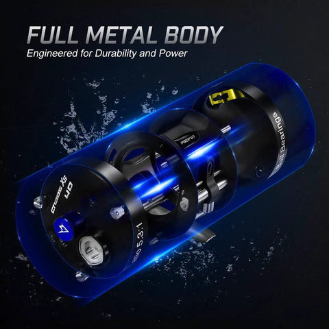 Cutaway view of Chaos XS Round Baitcasting Reel For Saltwater Inshore Surf Trolling And Catfish Beefy Yet Smooth Conventional Reel