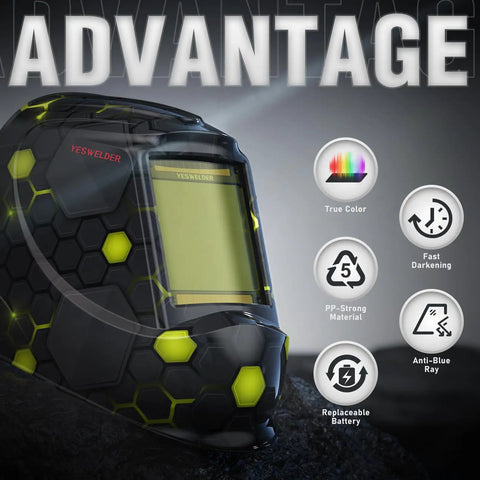 Large View Auto Darkening Welding Helmet With Blue Light Blocking Lens, Solar Powered True Color Welder Hood, side view