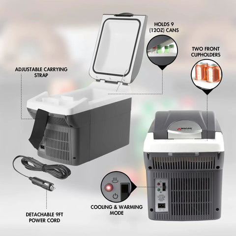 Compact 6 Quart Thermoelectric Cooler And Warmer For Car Rv And Truck, portable fridge with adjustable strap and power cord.