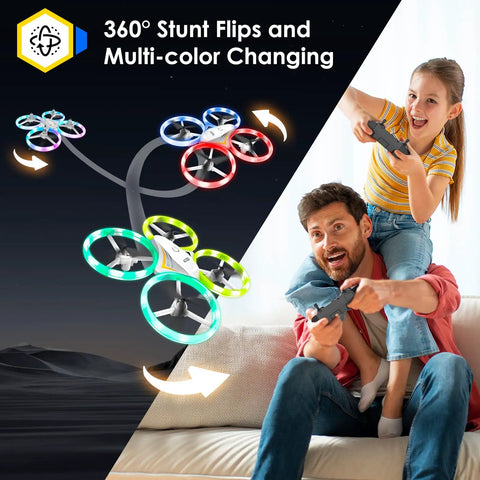 Father and daughter flying Kids RC Drone With LED Lights For Beginners Indoor Outdoor Mini Quadcopter With 3D Flip And Two Rechargeable Batteries