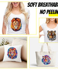 Four Lion And Tiger Iron On Transfer Stickers Set for T Shirts and Hoodies on shirt, pillow, and tote bag display