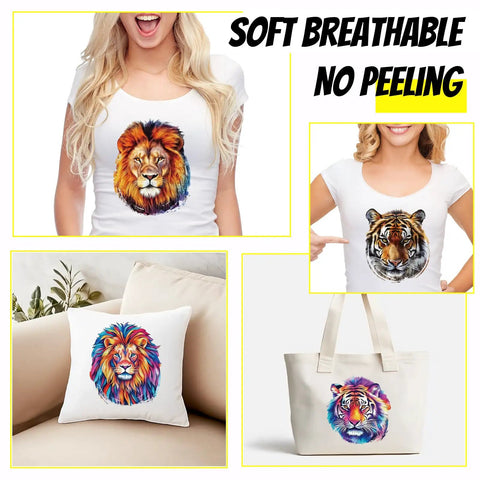 Four Lion And Tiger Iron On Transfer Stickers Set for T Shirts and Hoodies on shirt, pillow, and tote bag display