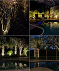 Outdoor scene with 50 Watt Low Voltage Flood Light For Landscape Lighting With MR16 Bulb Included, illuminating garden and pool area at night