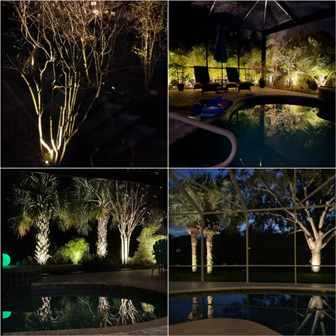 Outdoor scene with 50 Watt Low Voltage Flood Light For Landscape Lighting With MR16 Bulb Included, illuminating garden and pool area at night