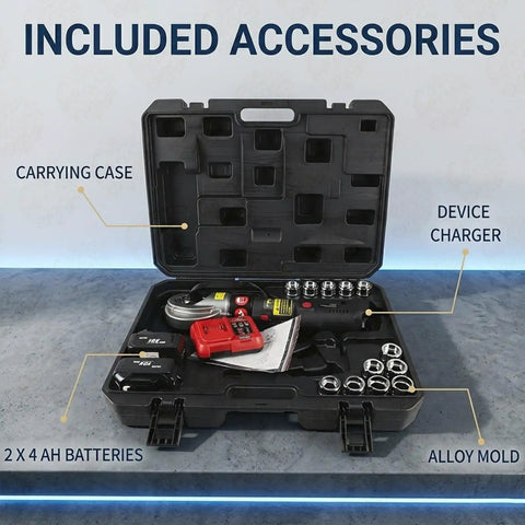 Included accessories of 120KN Electric Hydraulic Lug Crimping Tool 12 Dies 6-400MM² Kit with batteries and charger.