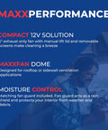 Man reading about 12V Dome Exhaust Vent Fan features including rain shield, moisture control, and removable screens on blue background.