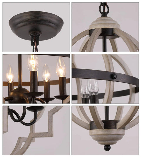 Detailed close-up views of Sphere Farmhouse Orb Chandelier In Oak White And Brown Finish with rustic 4 light vintage design