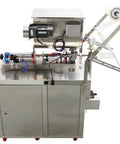 Automatic Pneumatic Paste And Liquid Filling Machine With Stainless Steel Horizontal Mixing Hopper For Sauces Oils Honey And Condiments 10 To 100 ML with control panel and outlet.