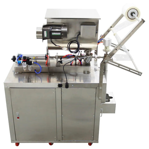 Automatic Pneumatic Paste And Liquid Filling Machine With Stainless Steel Horizontal Mixing Hopper For Sauces Oils Honey And Condiments 10 To 100 ML with control panel and outlet.