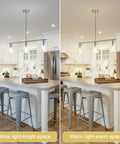 Three Light Pendant With Clear Glass Shades In Brushed Nickel For Kitchen Island And Dining Room Dope Modern Farmhouse Chandelier shown in white and warm light settings.
