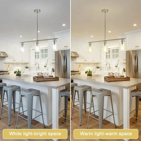 Three Light Pendant With Clear Glass Shades In Brushed Nickel For Kitchen Island And Dining Room Dope Modern Farmhouse Chandelier shown in white and warm light settings.