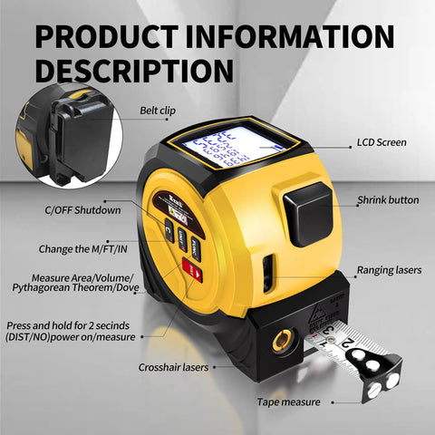 3 In 1 Laser Rangefinder Tape Measure With Digital LCD Readout Pro Grade 131 Ft Range 0.1 Inch Accuracy, yellow body with tape measure