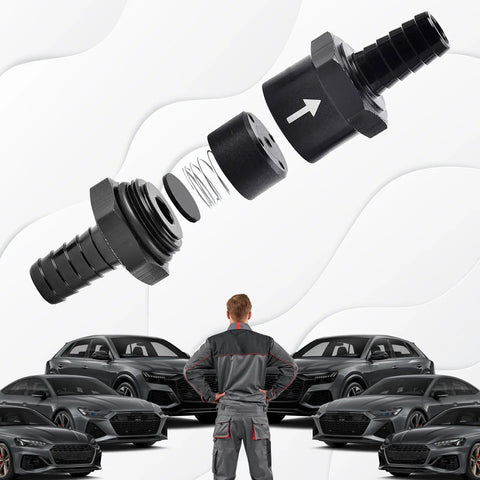 Exploded view of Hella Durable 3/8 Inch Check Valve Inline Non Return One Way Fluid Control For Fuel Air Gas Oil E85 Diesel Systems.