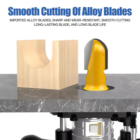 Image of carbide router bits set with double flute core box and round nose for woodworking, showing 1/4 inch shank in action.