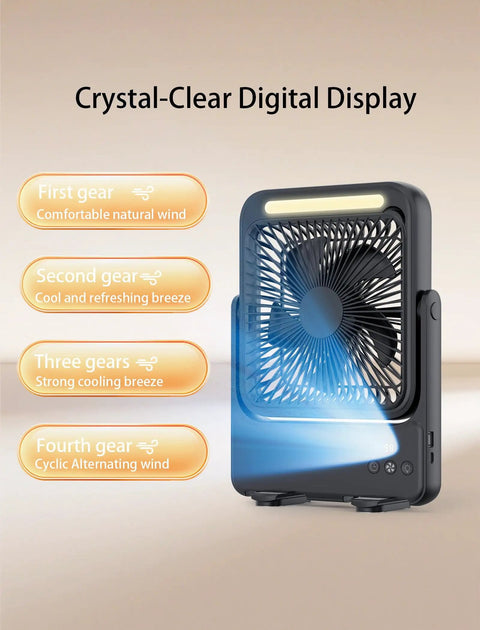 Ultra Slim 20000mAh Magnetic Cruise Approved Fan With Night Light showing four speed settings on display