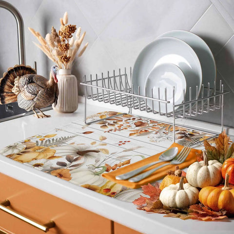 Fall Thanksgiving Dish Drying Mat Set With Pumpkin Leaves Design Absorbent Microfiber Over Cushioned Sponge Core