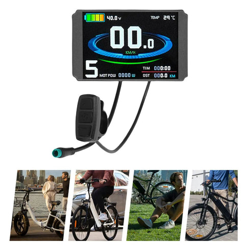 KT LCD8H Electric Bike Display Panel with USB Port and 5 Pin Connector showing speed and power data, button controls visible.
