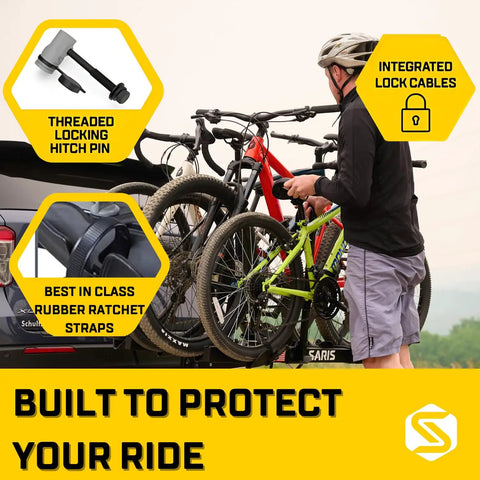 Cyclist using Heavy Duty 4 Bike Hitch Rack for 2 Inch Receiver, 190 lb total weight, tilt down with foot pedal on vehicle rear