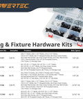 Jig and fixture hardware kit with various bolts and knobs in clear storage case