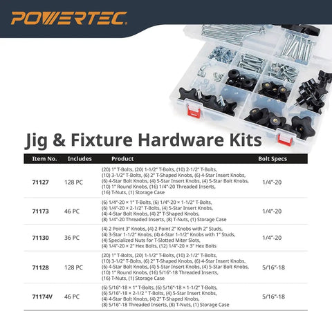 Jig and fixture hardware kit with various bolts and knobs in clear storage case