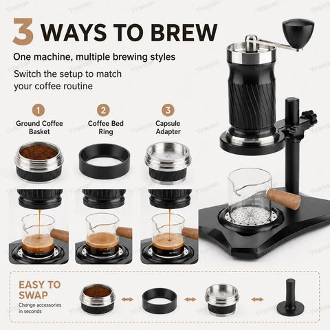 Portable Hand Crank Espresso Maker Kit With Secure Base Stand And Adjusting Pressure Settings showcasing three brewing styles.