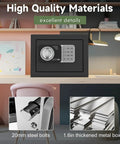 Compact Home Fireproof Safe Box With Digital Lock Mini Money Safe on office desk showing lock details and strong metal construction.
