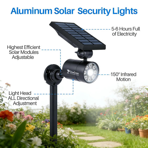Aluminum Solar Security Light with adjustable solar panel and infrared motion sensor in a garden setting.
