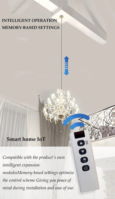 Retractable Pendant Hoist System For Chandeliers With Remote Control And Wall Switch Electric Motor in a home.