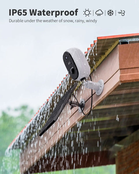 Outdoor Wireless Security Camera With 2K Color Night Vision Solar Powered Spotlight on roof under rain, IP65 waterproof.