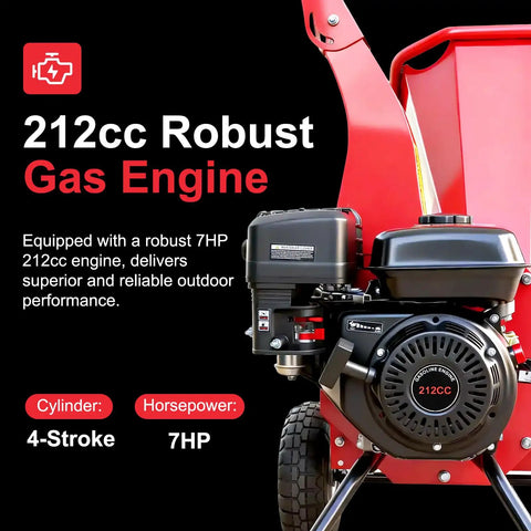 Beast Gas Powered Wood Chipper Mulcher With 7HP 212cc Engine And 3 Blade Disc Cutter, closeup of 212cc engine and specs.