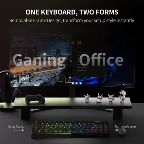 Ridiculously Snappy 68 Key Mechanical Gaming Keyboard Featuring Lightning Fast Hall Effect Magnetic Switches Delivered At 8000Hz Polling Rate For Butter Smooth Actuation And Zero Lag Gameplay with removable frame, shown on a desk setup.