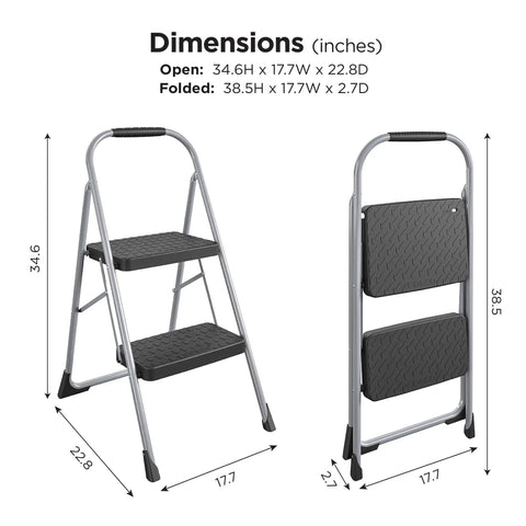 Two Step Big Step Stool Made Of Steel, Grab And Go Lightweight Gray, non marring feet, slip resistant step, folded and open view